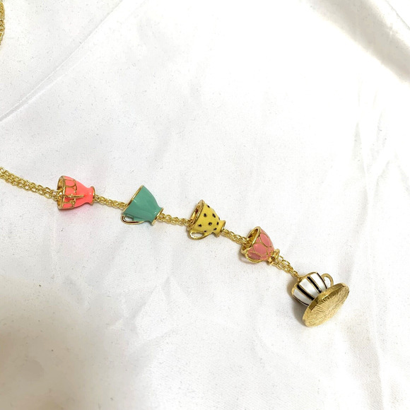 Multicolor Teacups & Saucers Necklace Drop Pendant Enameled Cups Gold Tone Chain - Picture 10 of 15